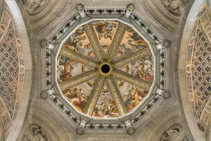 Uitzicht op het gewelf van het centrale schip met fresco, Certosa di Pavia, Lombardije, Italië door Unknown
